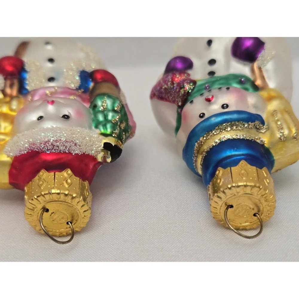 Lot/2 Vintage Unique Treasures Blown Glass Snowman Christmas Ornaments Glitter